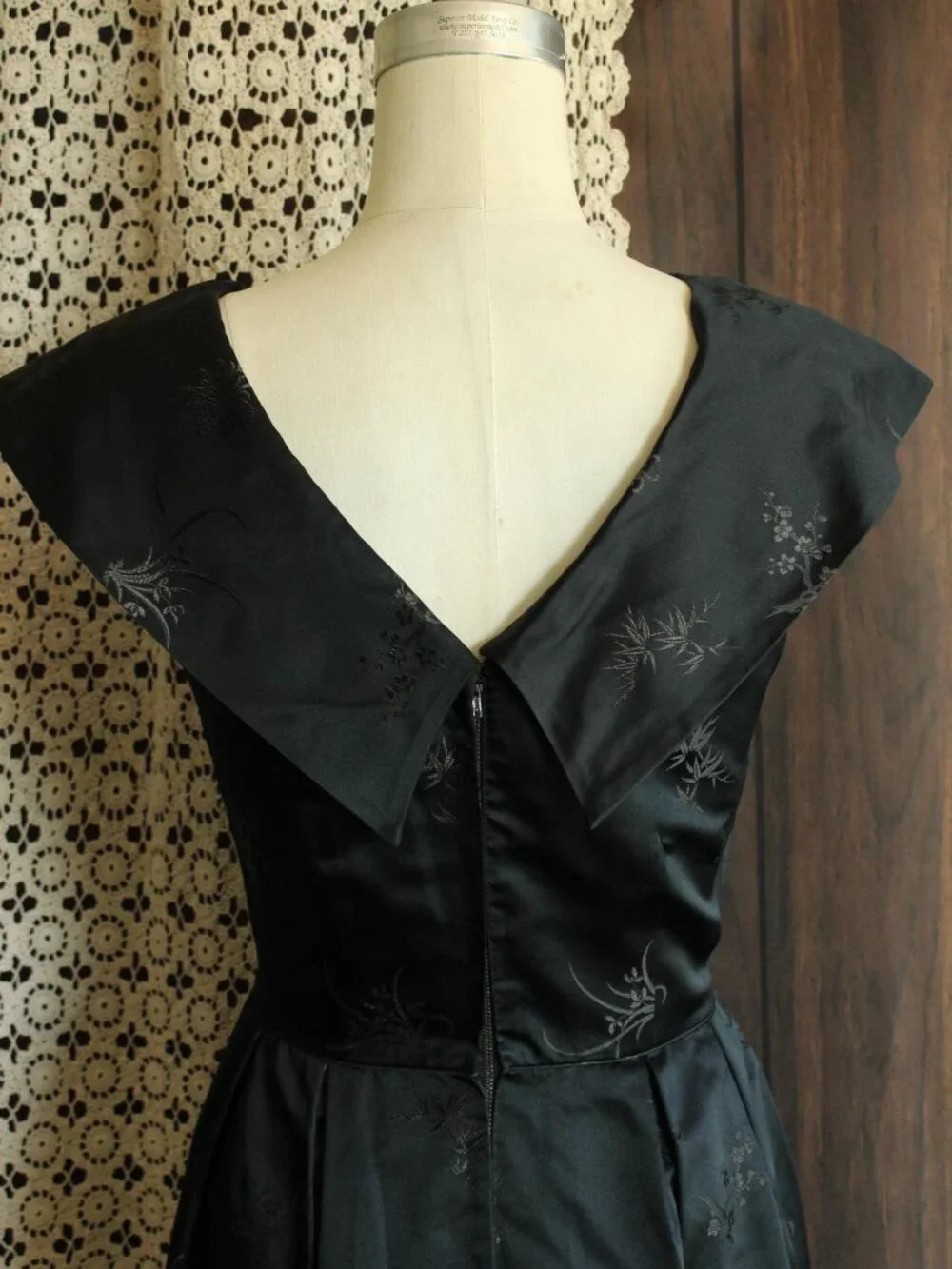 Vintage 1960s Dress, Black Satin Brocade Gown, Portrait Neckline Wiggle Style - Picture 9 of 13